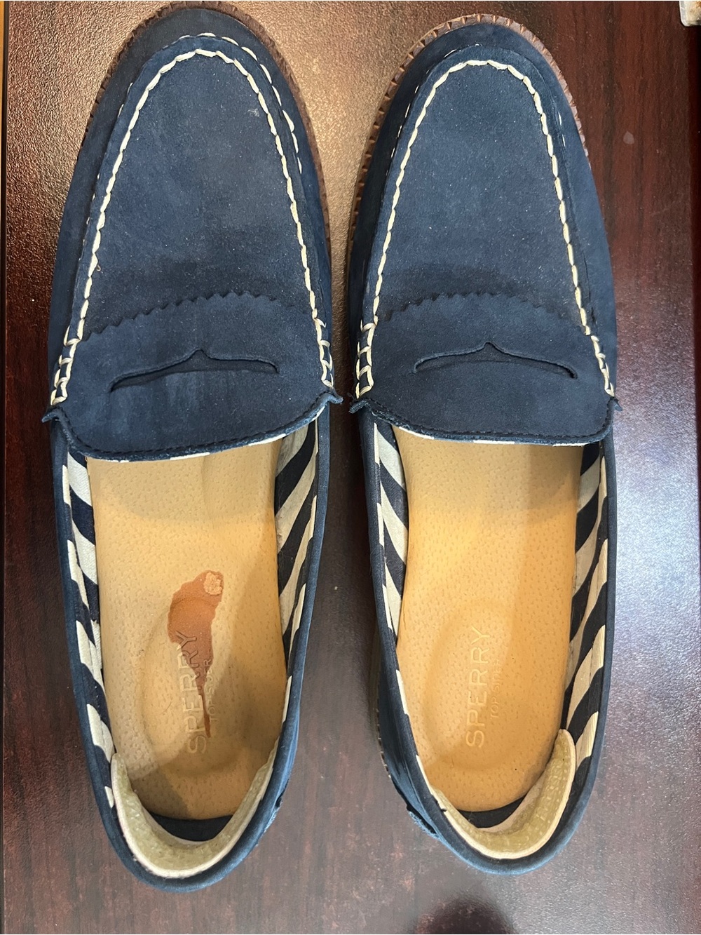 Sperry Navy Suede Penny Loafers with Contrast Stitch